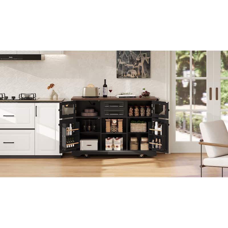 Kitchen Island with Drop Leaf, Power Outlet and 4 Door Shelves