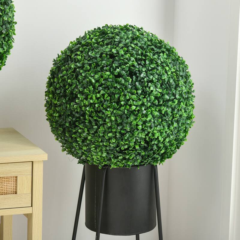 HOMCOM Set of 2 15.75 Inch Artificial Ball Boxwood Topiary Trees Balls, Indoor Outdoor Fake Plants for Home