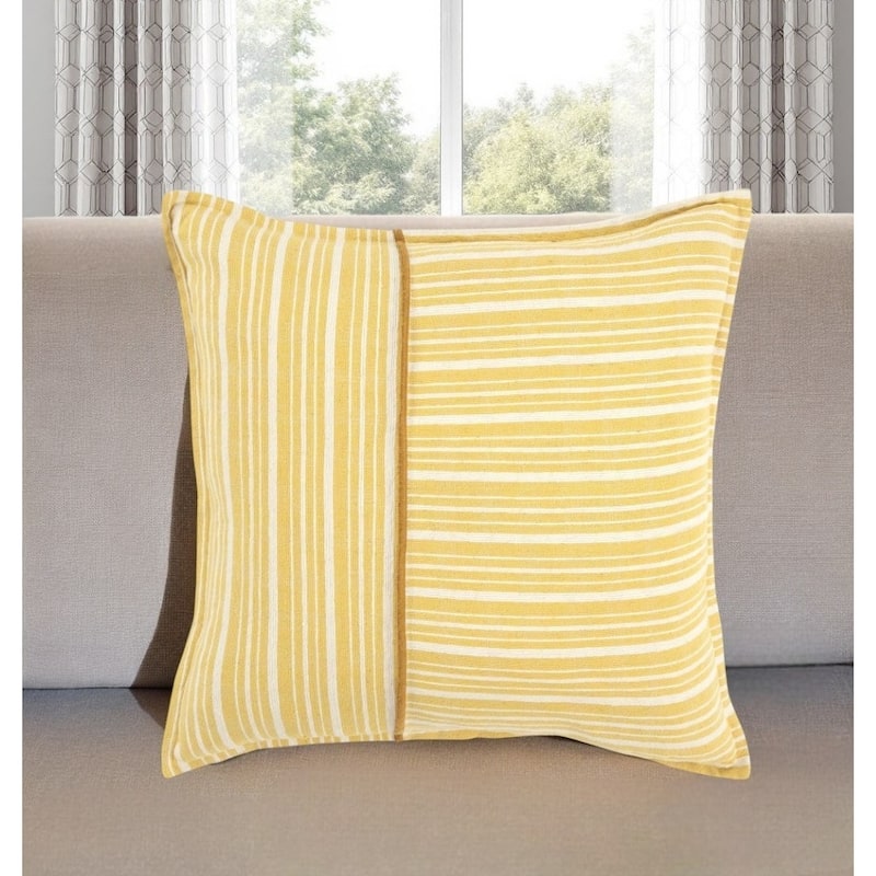 20" Yellow and White Cotton Pillow With Embroidery Edges - Yellow/White
