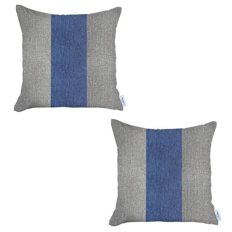 HomeRoots Set Of Two 18" X 18" Grey And Blue Geometric Zippered Handmade Polyester Throw Pillow
