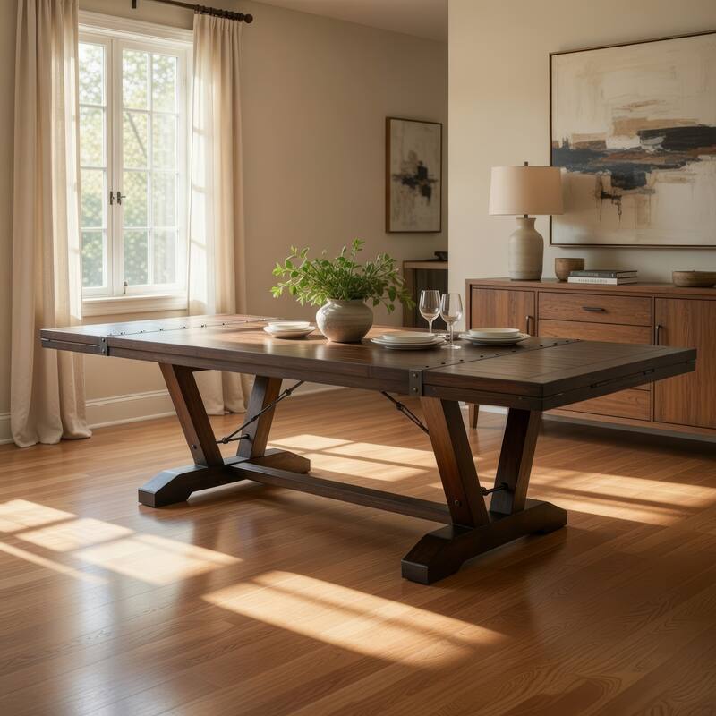 Flint Extendable Dining Table, 108-140 Inch, 2 Folding Leaves, Brown