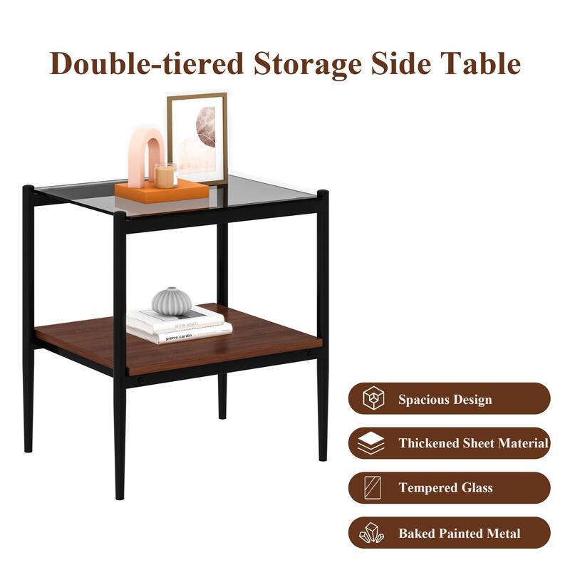 Set of 2 Rectangle End Table Tempered Glass Tabletop with MDF layer