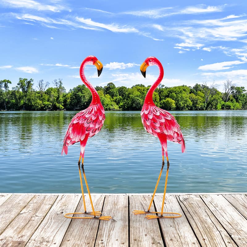 Costway 2-Piece Metal Crane/Flamingo Garden Statue Sculpture Set