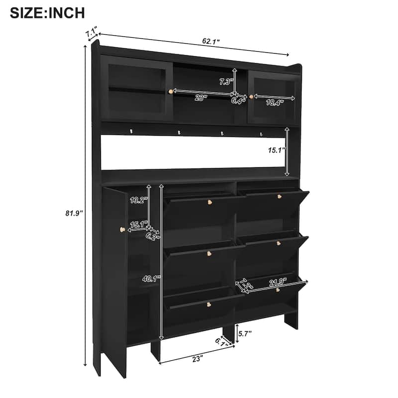 Large Hall Tree Shoe Cabinet with 6 Flip Drawers, Tempered Glass Doors & 4 Hooks, 62.1W Entryway Storage