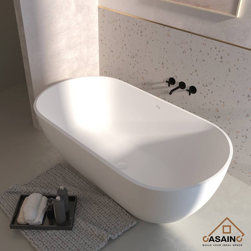 59 in. x 22 in. Solid Surface Stone Resin Stand Alone Freestanding Soaking Bathtub in Matte White with Center Drain