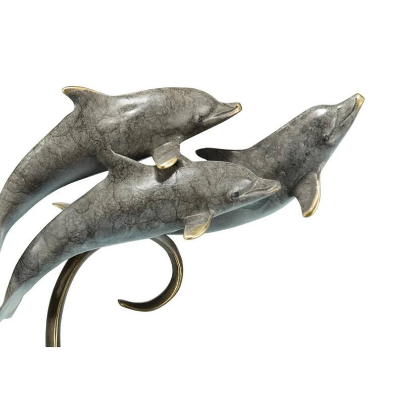Spi Brass Triple Dolphins On Marble Base - 8 X 8 X 5 inches