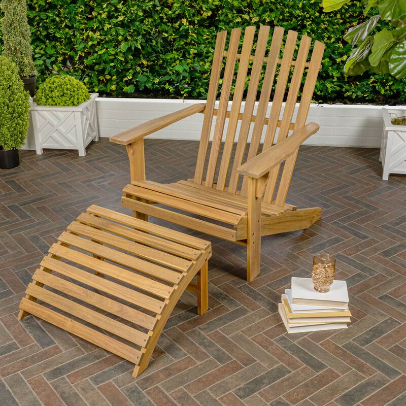 Shoreham 2-Piece Traditional Rustic Acacia Wood Adirondack Chair with Detachable Ottoman, by JONATHAN Y