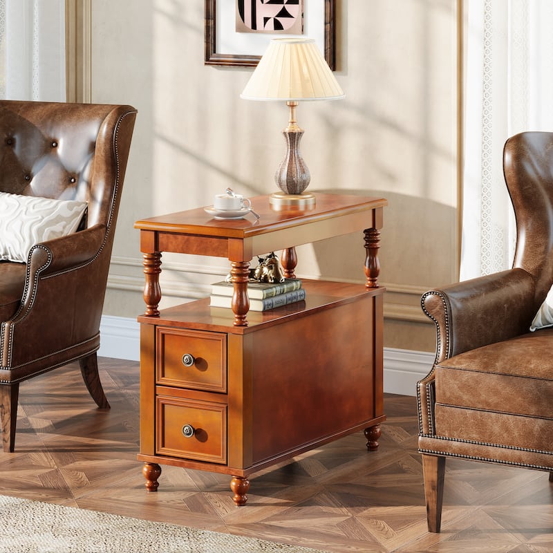 Solid Wood 2-Drawers Side Table