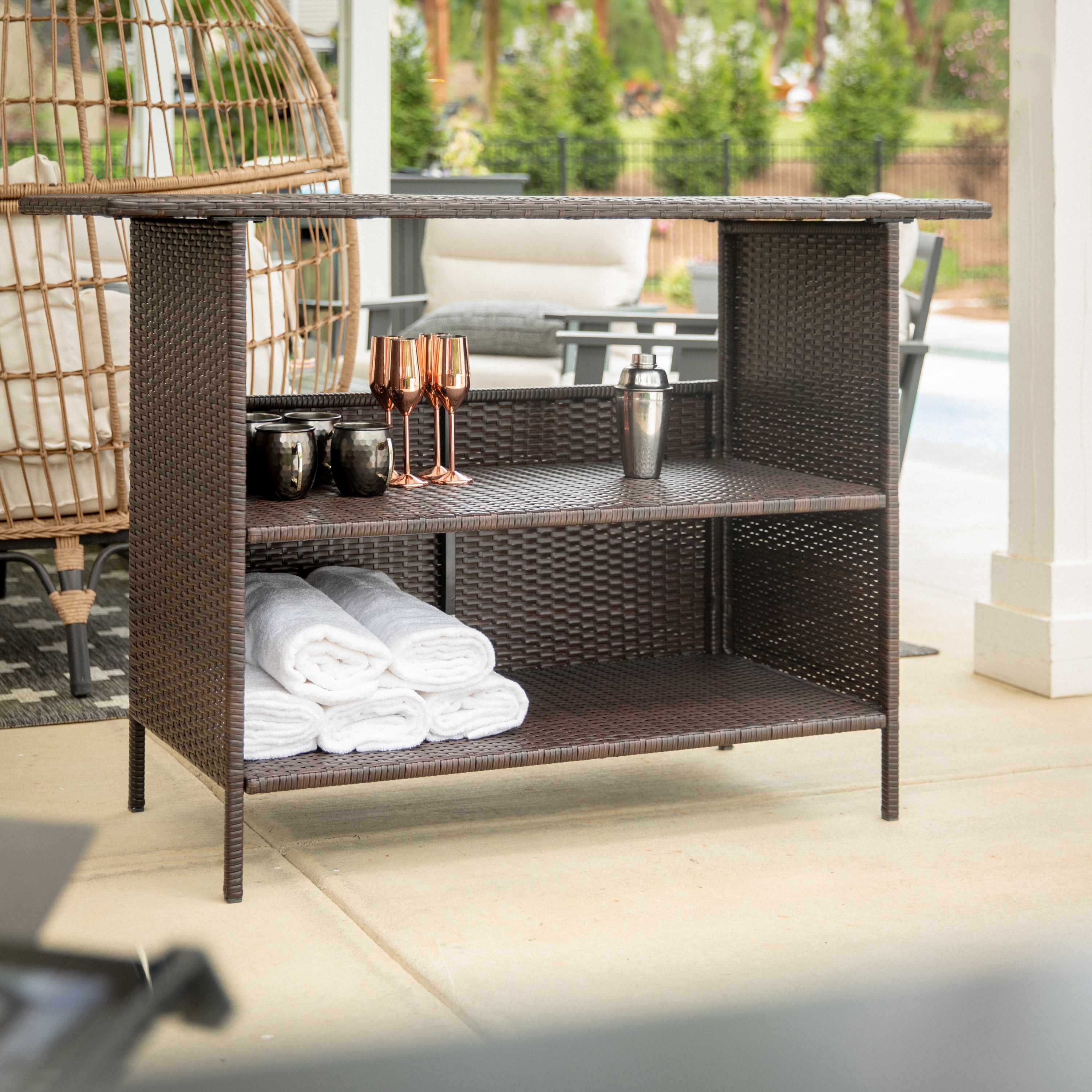 Indoor/Outdoor Wicker Rattan Patio Bar Counter Table with Two Shelves