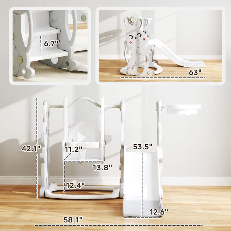 Gray 4 in 1 Kids Playset with Slide Swing Climber and Basketball Hoop for Toddlers 18 to 48 Months - 58.1" L x 63" W x 42.1" H