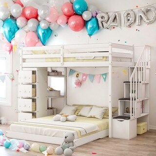 Twin Over Full Bunk Bed With 3-layer Shelves,Drawers And Storage Stairs