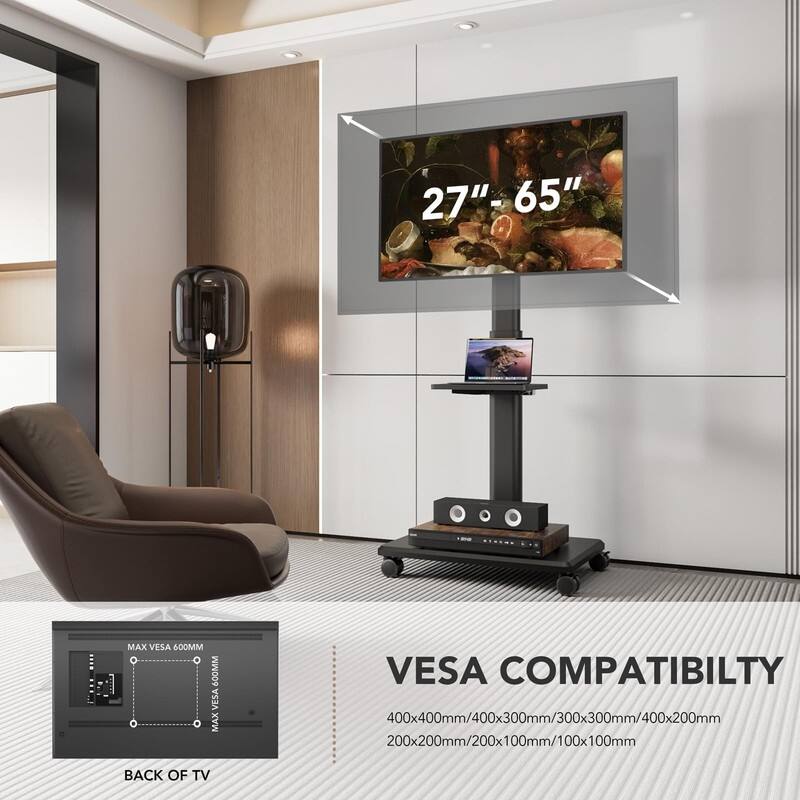 Mobile TV Stand for 27 to 65 Inch TVs, Portable Rolling TV Cart on Wheels