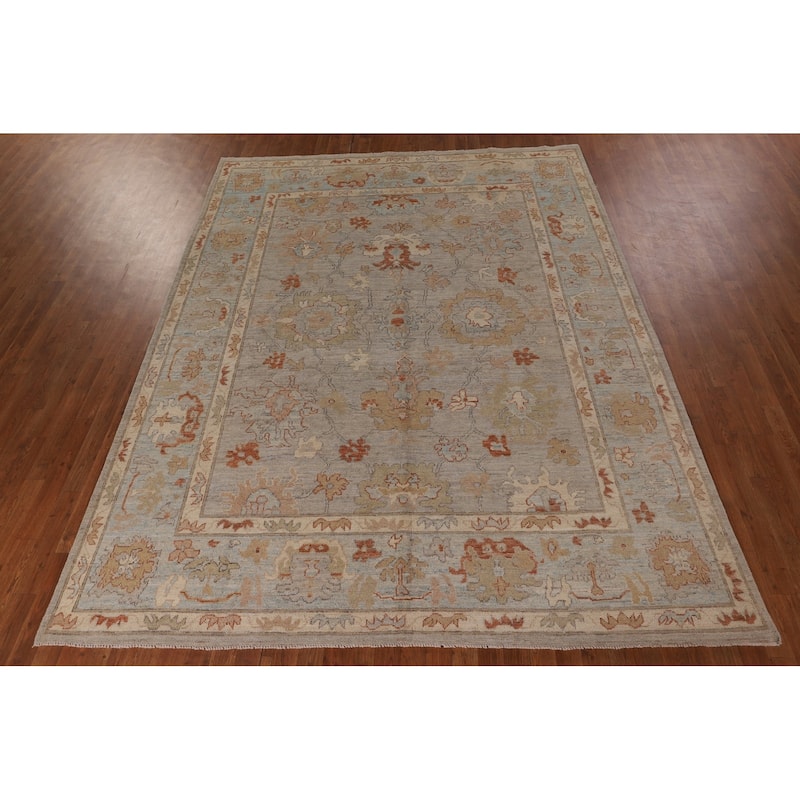 Vegetable Dye Oushak Area Rug Hand-Knotted Floral Beige Wool Carpet - 7'11" x 10'2"