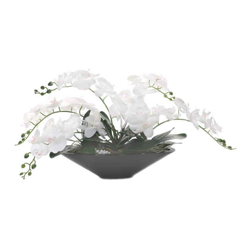 White Real Touch Phalaenopsis Orchids in Modern Black Pot