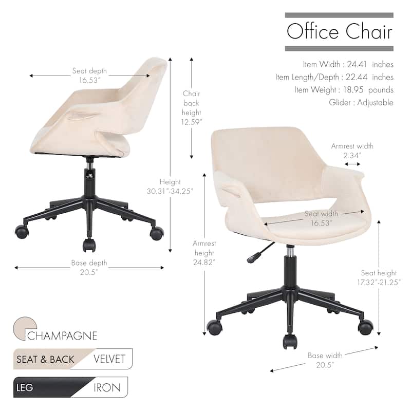 Porthos Home Rylee Swivel Office Chair, Velvet, Adjustable Height