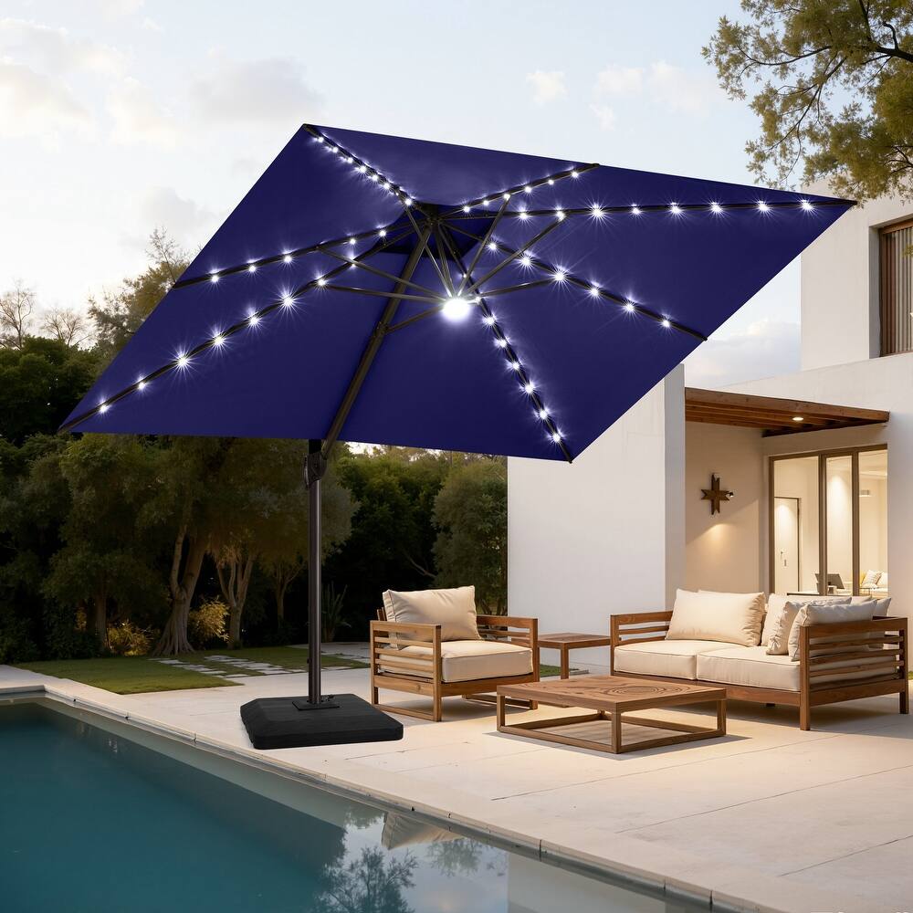 11FT Patio Solar-Powered LED Lights Double Top Cantilever Umbrella with Base