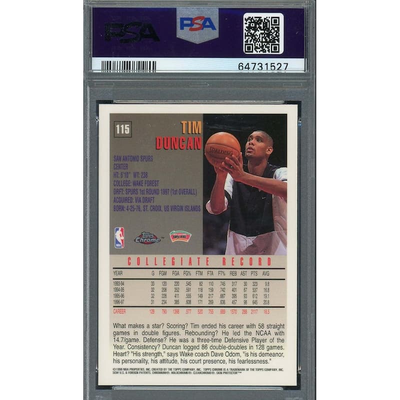 Tim Duncan 1997 Topps Chrome Basketball Rookie Card RC #115 Graded PSA 8 - 8'6" x 11'6"
