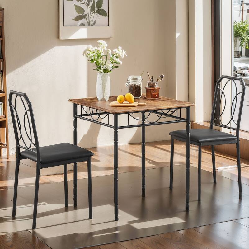 VECELO Industrial 3-Piece Space-Saving Square Dining Set MDF Table with Black PU Leather Dining Chairs Small Spaces