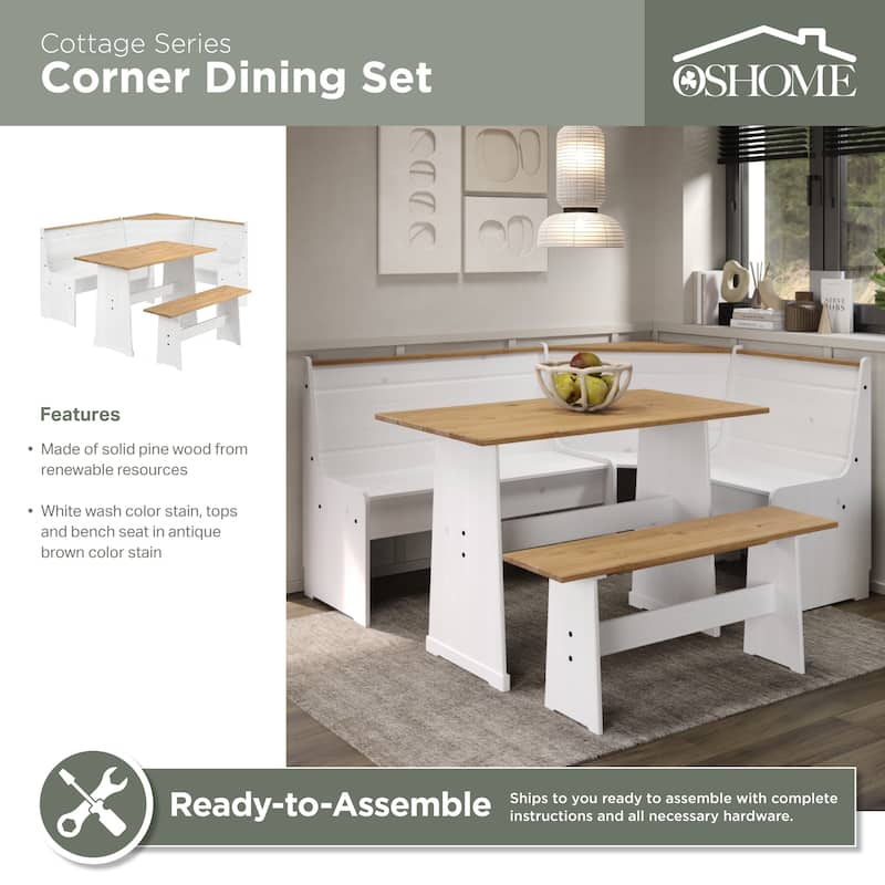 OSHOME Model COW805 Solid Pine Corner Dining Booth in Distressed White