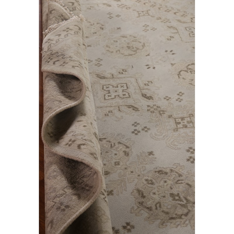 Geometric Oushak Area Rug Hand-Knotted Oriental Wool Carpet - 9'0"x 11'9"