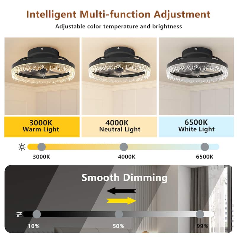 16" Smart Silent Elegant Black Ceiling Fan with Light