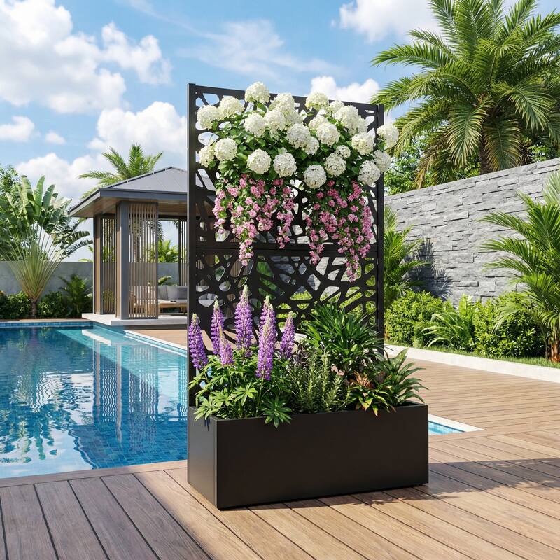 Metal Galvanized Planter Box with Trellis Privacy Screen Lockable Wheels