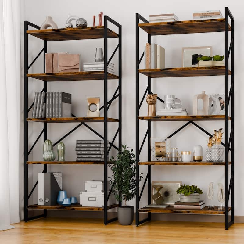 5-Tier Wood Storage Bookshelf with Anti-tipping & Drawers