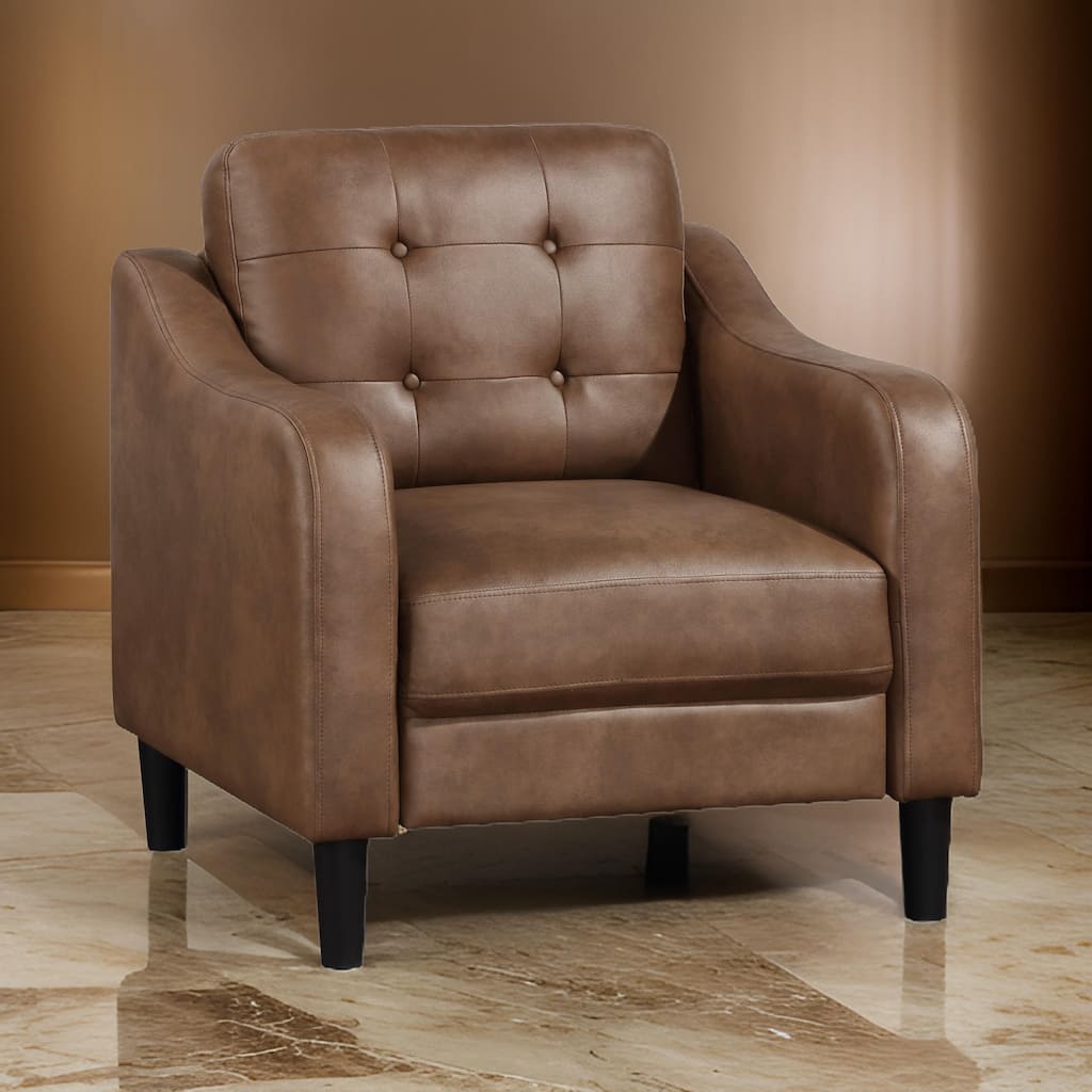Orry 32 Inch Accent Chair, Tufted Back, Brown Microfiber, Black Solid Wood