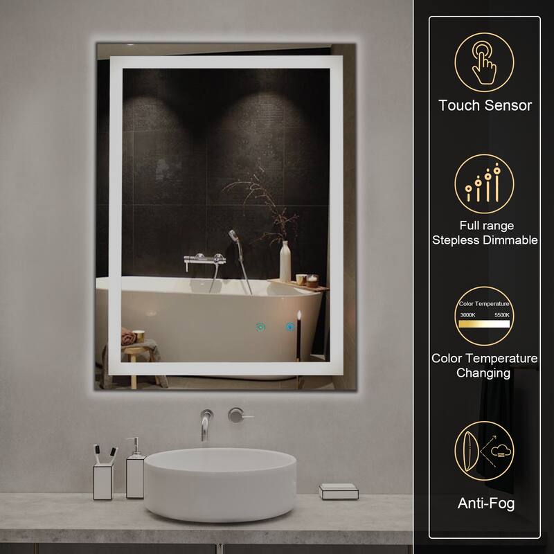 Frameless LED Bathroom Mirror with High Luminosity and Anti-Fog Technology, Wall-Mounted Rectangle Vanity Mirror