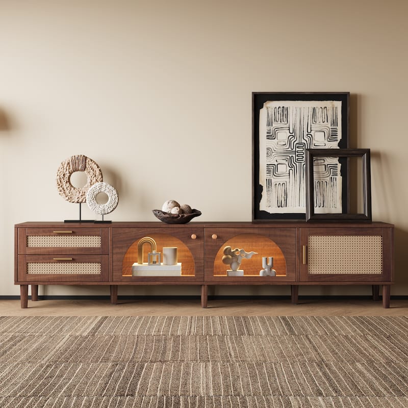 86 inch TV Stand for TVs up to 90", Entertainment Center with App Controlled LED Lights, 2 Drawers & Glass Door Storage - Dark Brown