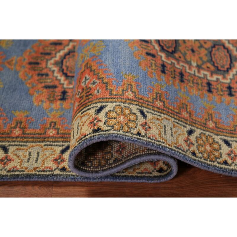 Blue Geometric Viss Indian Runner Rug Handmade Wool Carpet - 2'6"x 7'11"
