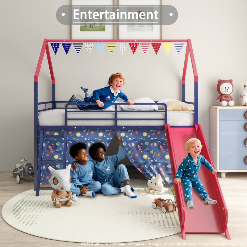 Metal Junior House Twin Loft Bed with Slide and Curtain Set and Pennant Banner Flag and Star Stickers