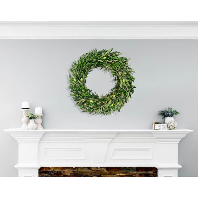 Preserved Decorative Dried Real Olive Boxwood Leaf Wreath 21 Inch - Green