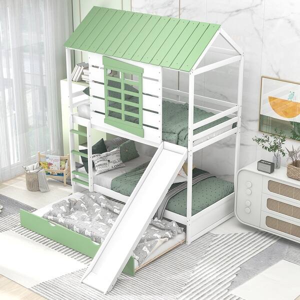 slide 2 of 15, Wood Twin over Twin Size House Bunk Bed with Convertible Slide and Trundle, Bunk Bed Frame w/Slats Support, Pitched Roof, Window White