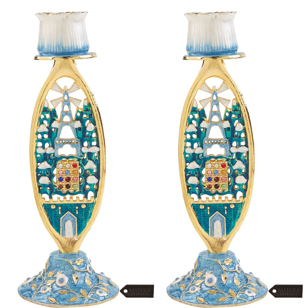 Matashi Shabbat Candlestick (2-Piece Set), Gold-Plated Pewter Adorned w/ Jerusalem Cityscape & Priestly Breastplate Design