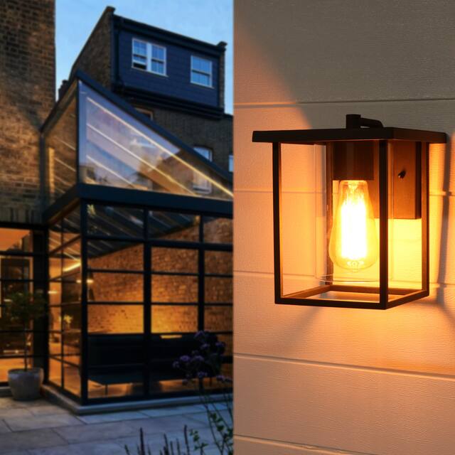1-light Matte Black Outdoor Wall Sconce Lantern with Clear Glass Shade