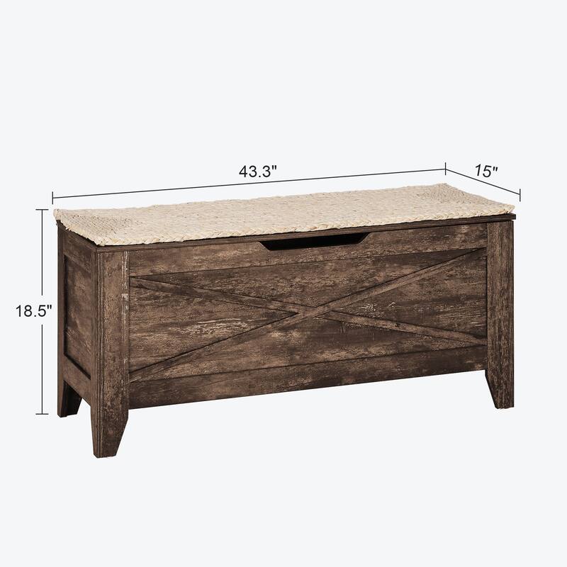 Storage Wooden Ottoman, Flip Top Ottoman Bench with Hand Weave Poufs Padded, Bed End Stool, Foot Rest for Living Room/Entryway