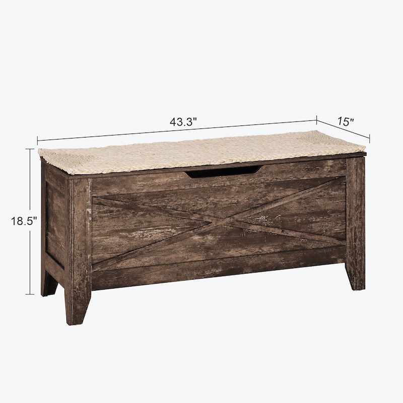 VECELO Storage Bench, Wooden Chest for Storage with Wicker Mat Safety Hinges Entryway Shoe Bench Storage Trunk(Set of 2)