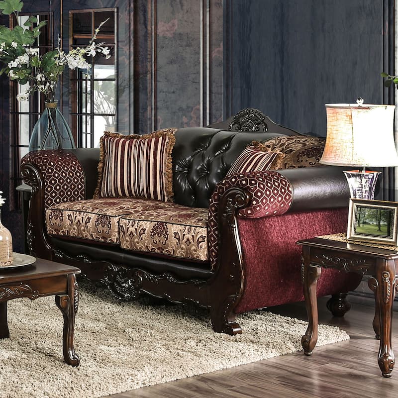 Leatherette Love Seat with Pillows in Burgundy