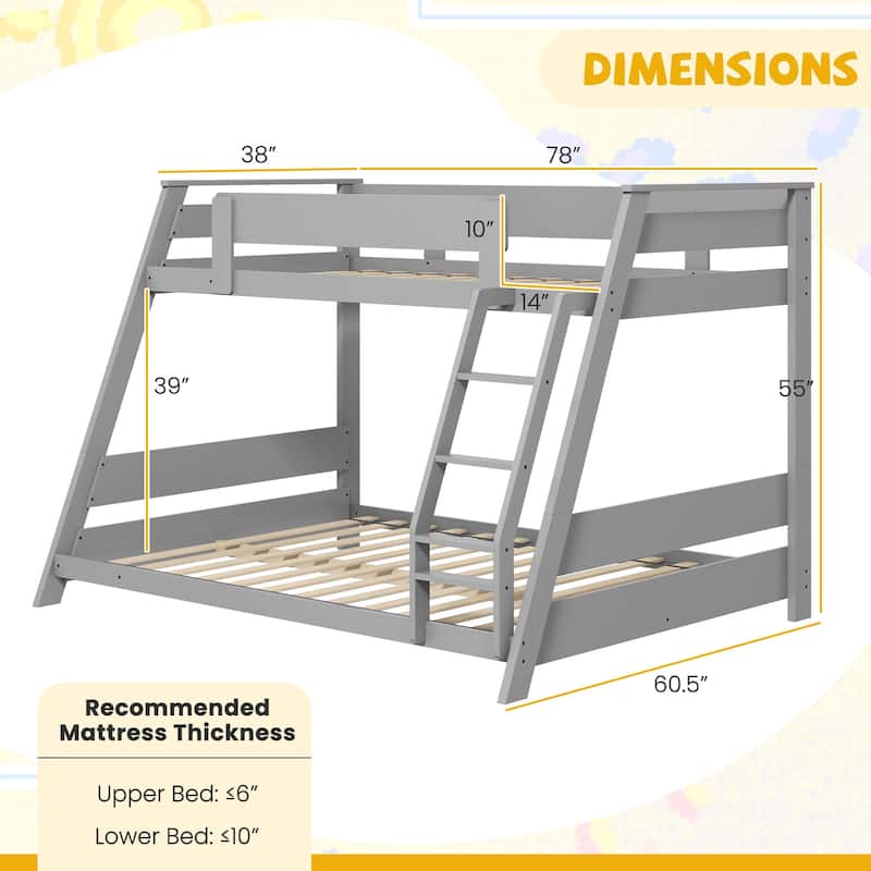 Gymax Twin Over Full Low Bunk Bed Solid Wooden Floor Bunk Bed w/