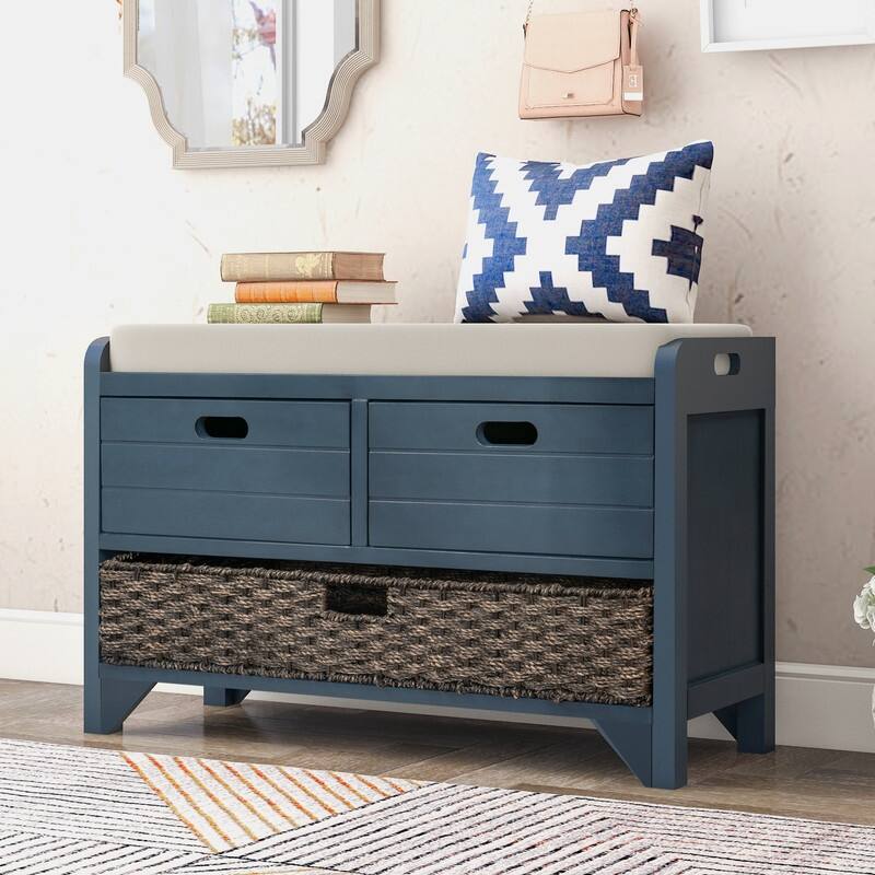 Grondin Retro Framhouse Style Entry Storage Shoe Bench with Padded Cushion, 2 Drawers and Removable Basket