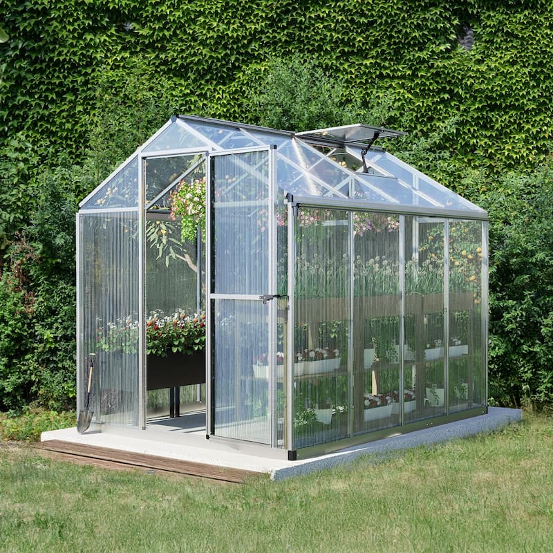 Aoodor 6' x 8' Polycarbonate Walk-in Greenhouse with Aluminum Frame and Roof Vent - 6x8