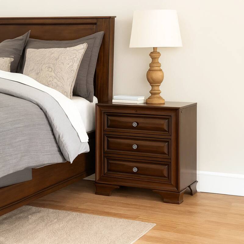 Wooden Night Stand With 3 Drawers In Cherry Brown