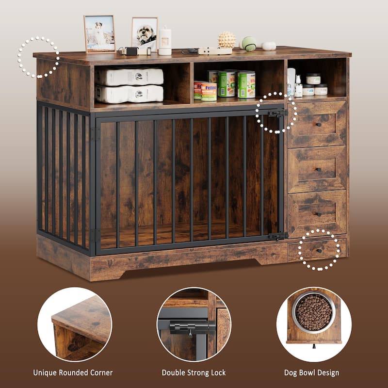 48" Farmhouse Dog Crate Furniture, with Bowl and Storage Drawers