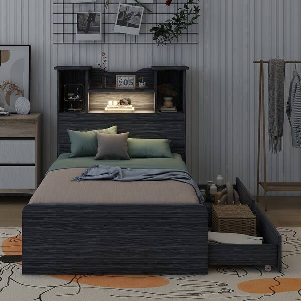 slide 2 of 33, Twin Size Storage Platform Bed Frame with 4-Shelves & 2-Drawers, Grey Finish Kids Bed Frame with LED Light and Silent Slats Grey