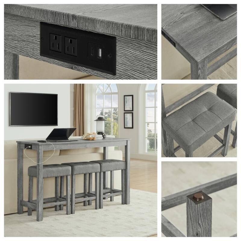 59 Inch 4 Piece Bar Table and Chair Set with Power Outlet and 3 Upholstered Stools