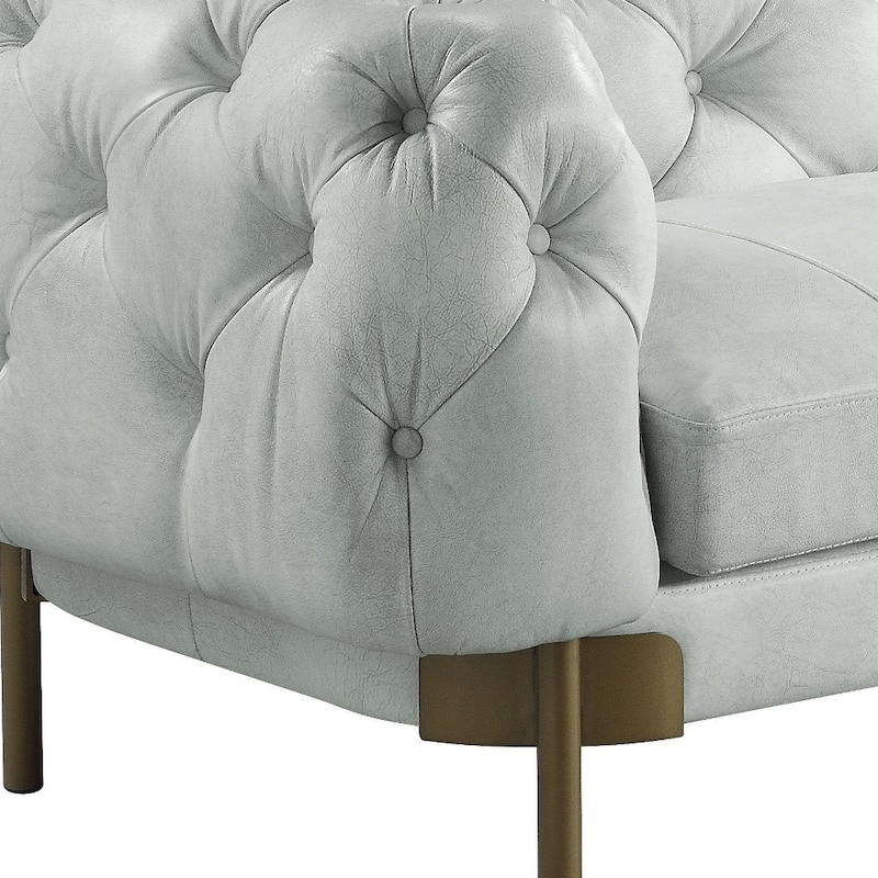 HomeRoots 96" Light Slate Gray Top Grain Leather Sofa With Gold Legs - 96