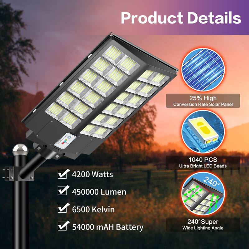 Solar Street Light 450000LM LED Solar Flood Lights Outdoor with Remote Control - 4200W