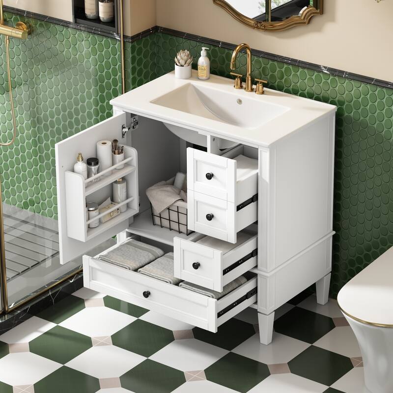 Bathroom Vanity with Ceramic Sink, Modern Bathroom Storage Cabinet with Side Door Organizer and 3 Different Sizes Drawers
