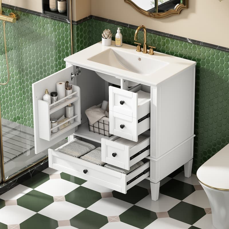 Roomfitters 30" Vanity with Ceramic Sink, Solid Wood Frame Bathroom Cabinet with 3 Drawers, Modern Storage Design